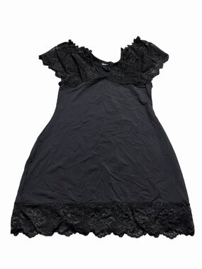 90s European Vintage Lace Trim Babydoll Mini Slip Dress (Black) Size L/XL